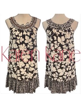 Karen Kane Brown and Cream Silk Sleeveless Beaded Yolk Ruffle Skirt Dress (S/M)